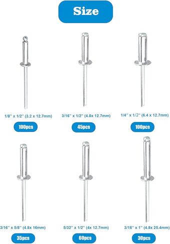 92 قطعة 6 مقاسات من المسامير العمياء، مجموعة متنوعة من المسامير البوبية بمقبض من الألومنيوم ومغزل فولاذي in Kuwait