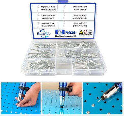 92 قطعة 6 مقاسات من المسامير العمياء، مجموعة متنوعة من المسامير البوبية بمقبض من الألومنيوم ومغزل فولاذي in Kuwait