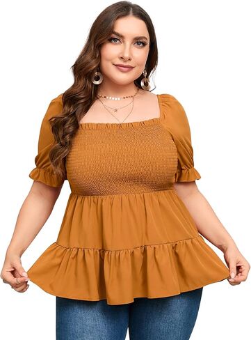 بلوزات نسائية مقاس كبير بيبلوم برقبة مربعة ملابس علوية صيفية لطيفة وأكمام منتفخة وحاشية مكشكشة بلوزات بيبي دول in Kuwait