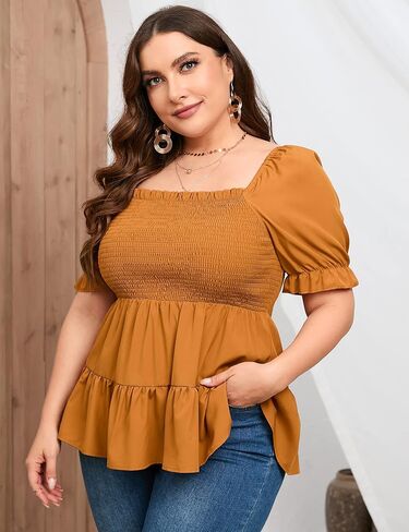 بلوزات نسائية مقاس كبير بيبلوم برقبة مربعة ملابس علوية صيفية لطيفة وأكمام منتفخة وحاشية مكشكشة بلوزات بيبي دول in Kuwait