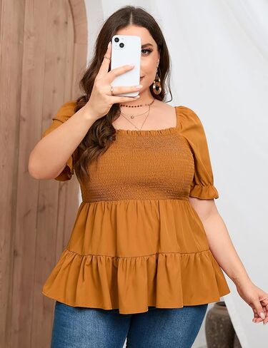 بلوزات نسائية مقاس كبير بيبلوم برقبة مربعة ملابس علوية صيفية لطيفة وأكمام منتفخة وحاشية مكشكشة بلوزات بيبي دول in Kuwait