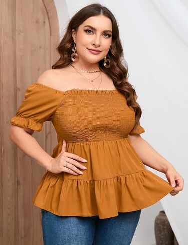 بلوزات نسائية مقاس كبير بيبلوم برقبة مربعة ملابس علوية صيفية لطيفة وأكمام منتفخة وحاشية مكشكشة بلوزات بيبي دول in Kuwait