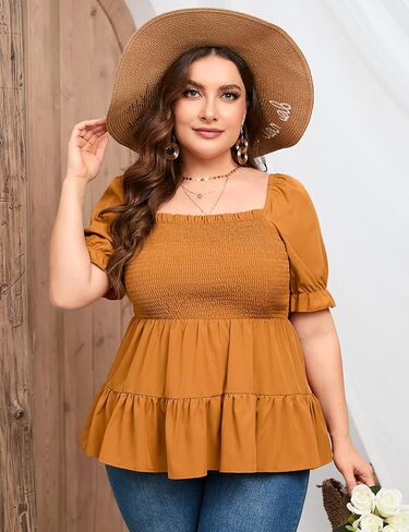 بلوزات نسائية مقاس كبير بيبلوم برقبة مربعة ملابس علوية صيفية لطيفة وأكمام منتفخة وحاشية مكشكشة بلوزات بيبي دول in Kuwait