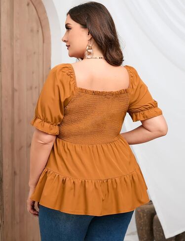 بلوزات نسائية مقاس كبير بيبلوم برقبة مربعة ملابس علوية صيفية لطيفة وأكمام منتفخة وحاشية مكشكشة بلوزات بيبي دول in Kuwait