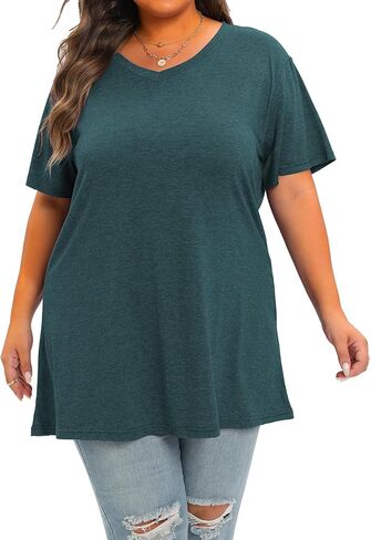 حجم كبير الخامس الرقبة قصيرة الأكمام تونك القمم المرأة الصيف متأنق قمصان بلايز فضفاضة تناسب الستر in Kuwait