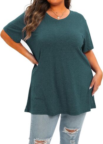 حجم كبير الخامس الرقبة قصيرة الأكمام تونك القمم المرأة الصيف متأنق قمصان بلايز فضفاضة تناسب الستر in Kuwait