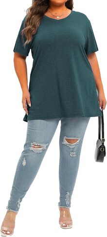 حجم كبير الخامس الرقبة قصيرة الأكمام تونك القمم المرأة الصيف متأنق قمصان بلايز فضفاضة تناسب الستر in Kuwait