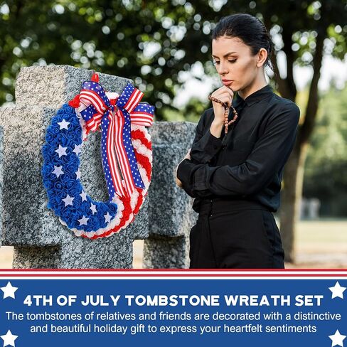 Crowye 4 Pcs 17.72 Inch Independence Day Headstone Wreath Set Includes 2 Pcs 17.72" July 4th Wreath Patriotic Cemetery Wreath 2 Pcs 8" Easel Stand Tombstone Wreath Holder Memorial Day Grave Wreath in Saudi Arabia