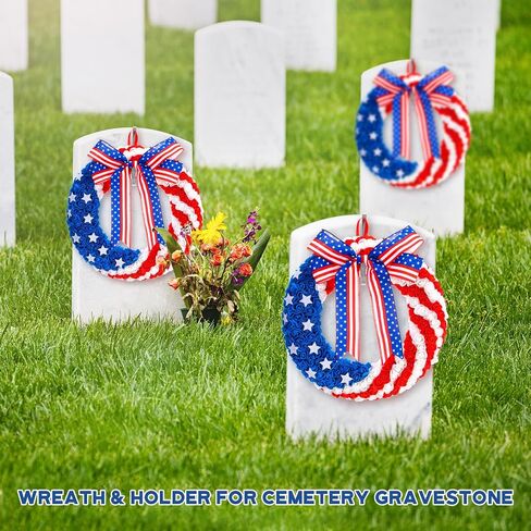 Crowye 4 Pcs 17.72 Inch Independence Day Headstone Wreath Set Includes 2 Pcs 17.72" July 4th Wreath Patriotic Cemetery Wreath 2 Pcs 8" Easel Stand Tombstone Wreath Holder Memorial Day Grave Wreath in Saudi Arabia