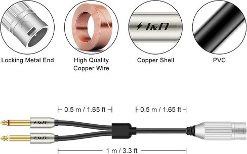 J&D Dual 1/4" to XLR, XLR Male to Dual 6.35mm TS Mono Plug Microphone Cables, Gold-Plated Connector Stereo Microphone Audio Converter Cables and XLR Y Splitter Cable, 3.3 ft in Saudi Arabia