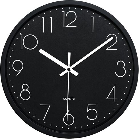 Plumeet Modern Wall Clock - 12" Non-Ticking Silent Quartz Large Decorative Clocks - Big 3D Number Good for Living Room Home Office Battery Operated (Black) in Kuwait