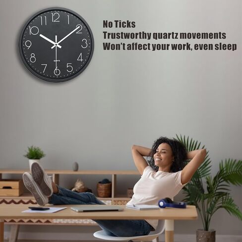 Plumeet Modern Wall Clock - 12" Non-Ticking Silent Quartz Large Decorative Clocks - Big 3D Number Good for Living Room Home Office Battery Operated (Black) in Kuwait
