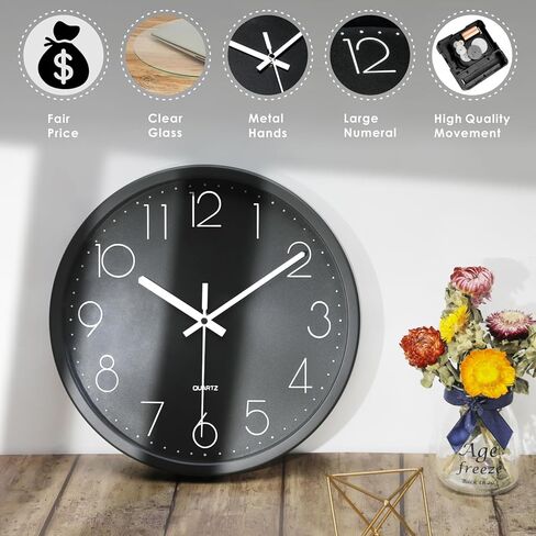 Plumeet Modern Wall Clock - 12" Non-Ticking Silent Quartz Large Decorative Clocks - Big 3D Number Good for Living Room Home Office Battery Operated (Black) in Kuwait