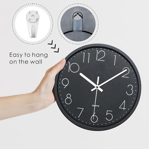 Plumeet Modern Wall Clock - 12" Non-Ticking Silent Quartz Large Decorative Clocks - Big 3D Number Good for Living Room Home Office Battery Operated (Black) in Kuwait