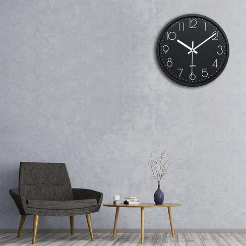 Plumeet Modern Wall Clock - 12" Non-Ticking Silent Quartz Large Decorative Clocks - Big 3D Number Good for Living Room Home Office Battery Operated (Black) in Kuwait