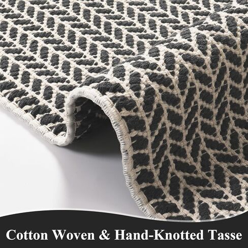 سجادة حمام Lanffia Boho باللون الأسود مع شرابات - سجادة مدخل مطبخ صغيرة مقاس 2x3 لمزرعة - قطن منسوج يدويًا قابل للتنفس على الوجهين، ممتص، ويمكن غسله في الغسالة لديكور المنزل في باب الردهة in Kuwait