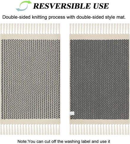 سجادة حمام Lanffia Boho باللون الأسود مع شرابات - سجادة مدخل مطبخ صغيرة مقاس 2x3 لمزرعة - قطن منسوج يدويًا قابل للتنفس على الوجهين، ممتص، ويمكن غسله في الغسالة لديكور المنزل في باب الردهة in Kuwait