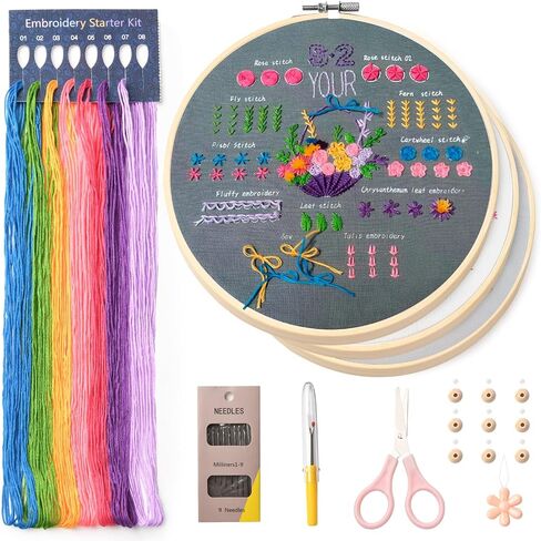 Dortusen 3 Sets Beginner Embroidery Kit for Adults Learn Different Stitches DIY Kits Cross Stitch Kits Includes Embroidery Tools Easy to Follow Instruction in Saudi Arabia
