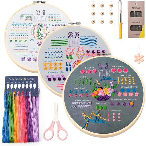 Dortusen 3 Sets Beginner Embroidery Kit for Adults Learn Different Stitches DIY Kits Cross Stitch Kits Includes Embroidery Tools Easy to Follow Instruction in Saudi Arabia
