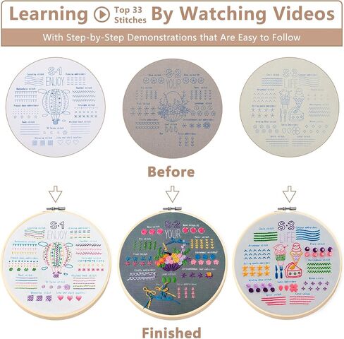 Dortusen 3 Sets Beginner Embroidery Kit for Adults Learn Different Stitches DIY Kits Cross Stitch Kits Includes Embroidery Tools Easy to Follow Instruction in Saudi Arabia