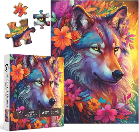 Vintage Animal Puzzles for Adults 1000 Pieces and up, PICKFORU Wolf Puzzle with Colorful Flowers as Gifts for Animal Lovers, Wolf Jigsaw Puzzle as Home Decor in Saudi Arabia