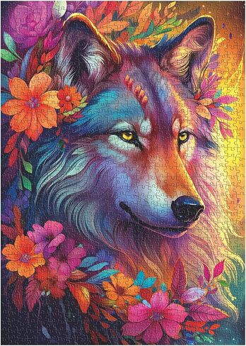 Vintage Animal Puzzles for Adults 1000 Pieces and up, PICKFORU Wolf Puzzle with Colorful Flowers as Gifts for Animal Lovers, Wolf Jigsaw Puzzle as Home Decor in Saudi Arabia