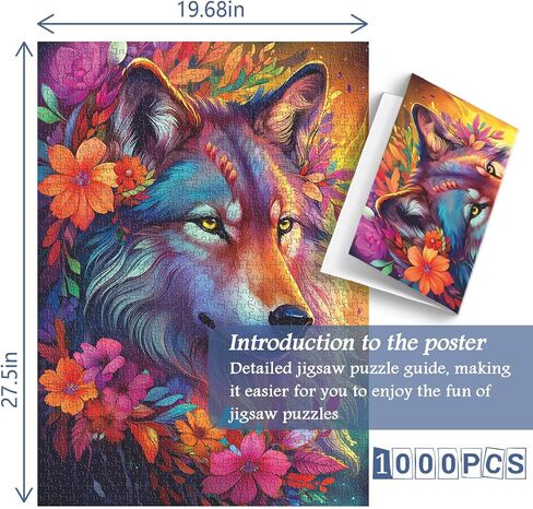 Vintage Animal Puzzles for Adults 1000 Pieces and up, PICKFORU Wolf Puzzle with Colorful Flowers as Gifts for Animal Lovers, Wolf Jigsaw Puzzle as Home Decor in Saudi Arabia