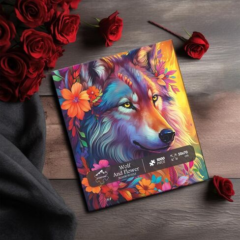 Vintage Animal Puzzles for Adults 1000 Pieces and up, PICKFORU Wolf Puzzle with Colorful Flowers as Gifts for Animal Lovers, Wolf Jigsaw Puzzle as Home Decor in Saudi Arabia
