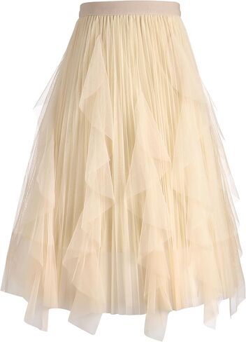 MS.ING Women's Tulle Skirt Fairy Elastic Waist Layered A-Line Midi Ruffle Mesh Skirt in Saudi Arabia