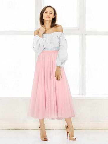 MS.ING Women's Tulle Skirt Fairy Elastic Waist Layered A-Line Midi Ruffle Mesh Skirt in Saudi Arabia
