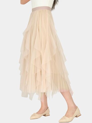 MS.ING Women's Tulle Skirt Fairy Elastic Waist Layered A-Line Midi Ruffle Mesh Skirt in Saudi Arabia