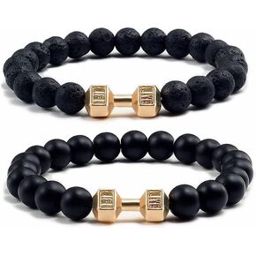 Atiptu Black Dumbbell Bracelet for Men Gym Bros Bracelet Natural Black Volcanic Lava Stone Dumbbell Bracelet black Matte Beads Bracelets for Women Men Fitness Yoga Barbell Jewelry