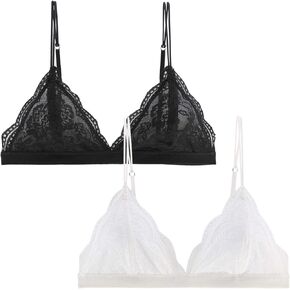 Lace Bralettes for Women Floral Adjustable Thin Strap V Neck Hook Eye Unpadded Triangle Bralette Wire Free Bra (Pads Version - 2 Pack(Black, White), L)