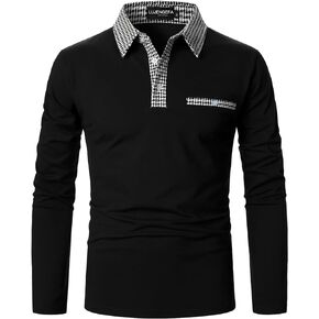 Mens Polo Shirts Long Sleeve Casual Slim fit Houndstooth Collar Golf Polo T Shirts Cotton Tops for Men