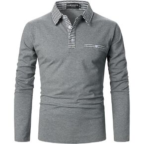 Mens Polo Shirts Long Sleeve Casual Slim fit Houndstooth Collar Golf Polo T Shirts Cotton Tops for Men