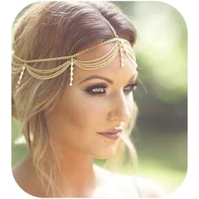 Denifery Gold Rhinestone Wedding Bridal Prom Bohemian Boho Grecian Head Chain Hair Jewelry Head Piece Bollywood Bride Glamorous