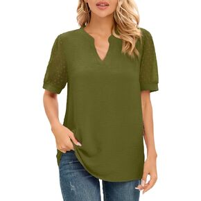 NILOUFO Womens Summer Casual Shirts Short Sleeve Tops Notch V Neck Blouses Trendy Tunic