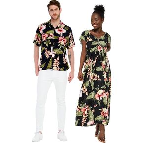 Matchable Couple Hawaiian Luau Shirt or Rahee Maxi Dress in Black Rafelsia