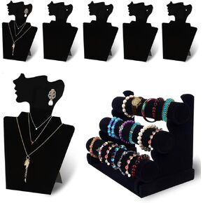حامل عرض مجوهرات مخملي اسود مقاس 12.5 انش وحامل عرض الاساور من 3 طبقات، مجموعة منظم حامل الصدر لعرض المجوهرات والقلائد والسلاسل والاساور والساعات in Kuwait
