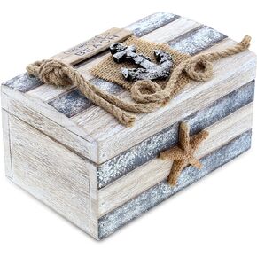 CoTa Global Silver Sea Wooden Jewelry Box - Handcrafted Nautical Trinket with Anchor and Starfish, Accent Tabletop Home Decor, Jewelry Storage Organizer - Large, 7 Inch