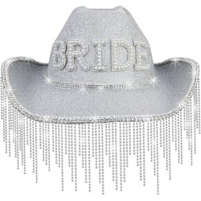 MGupzao White Bride Cowboy Rhinestone Hat with Fringes Design,Cowgirl Hat Costume Accessories for Women,Bride to be Gift,Cow Girl Tassel Hats Bachelorette Party Adjustable Neck Drawcord in Kuwait