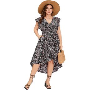 فستان صيفي نسائي مقاس كبير من ShopWonder مع قبعة مكشكشة بدون أكمام ورقبة على شكل حرف V وفتحة جانبية طويلة للشاطئ in Kuwait