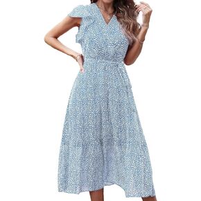 فستان Genhoo نسائي صيفي مطبوع عليه زهور ملفوف برقبة على شكل V وأكمام قصيرة وحاشية شاطئ مطوي S-2XL in Kuwait