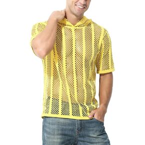AIEOE Men's Fishnet Shirt See Through Workout Gym Tank Top Half Sleeve Hooded Shirt Mesh Sleeveless Top