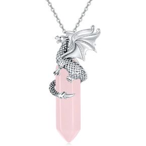 Plesitep Dragon Necklace Sterling Silver Reiki Healing Crystal Natural Hexagonal Rose Quartz Pentacle Necklace for Women Girl