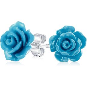 Romantic Delicate Pink Blue Yellow Green Black Purple White Red Floral Blooming 3D Carved 10MM Rose Flower Post Stud Earrings For Women Teen Lightweight
