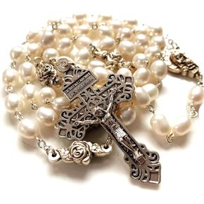 elegantmedical 8-9MM Pearl Silver Beads Rosary Crucifix Jesus Cross Catholic Necklace Box