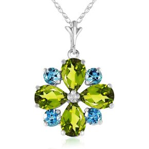 Galaxy Gold GG 14k Solid Yellow White Rose Gold Pendant Necklace with Natural Peridot and Natural Blue Topaz Flower Design Pendant