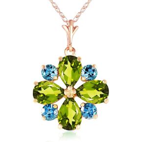 Galaxy Gold GG 14k Solid Yellow White Rose Gold Pendant Necklace with Natural Peridot and Natural Blue Topaz Flower Design Pendant
