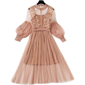 Women Hollow Out Puff Sleeve Floral Embroidery Lace Mesh Dress for Casual Wedding Cocktail Party